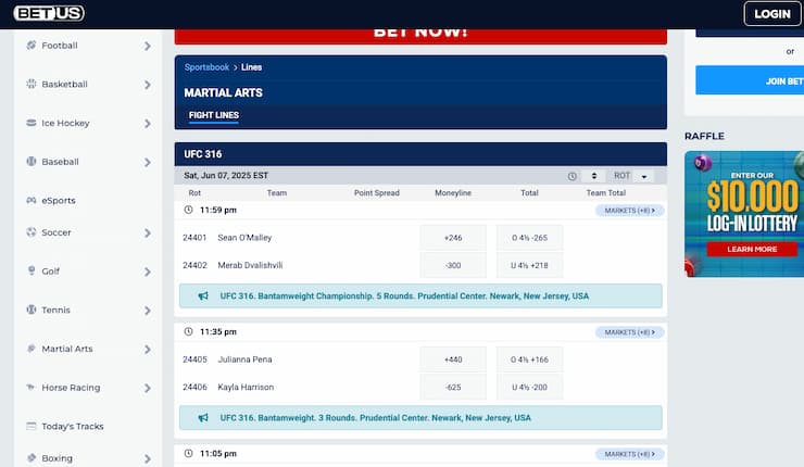 An image of the betting screen from BetUS, a popular option among MMA betting websites.
